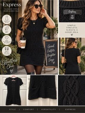 Express Black Cable Knit Sweater Mini Dress Short Sleeve Size XS